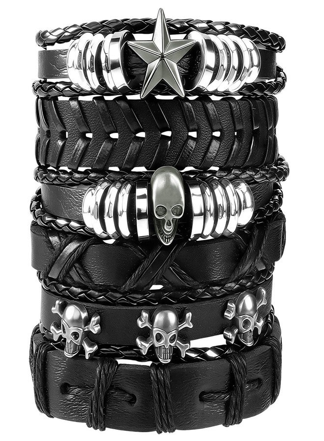 JOLYEAK Punk Leather Rivets Bracelets Punk Rock Leather Studded Bracelets 80s Wristband Emo Gothic Spike Cuff Bracelet Set for Men Women Rocker Outfits Skull Bracelet (Black Skull-6PCS) - Image 1
